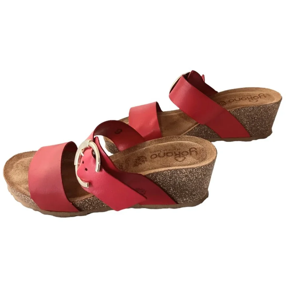 Yokono Red Leather Double Strap Wedge Shoes Women's SZ 9
